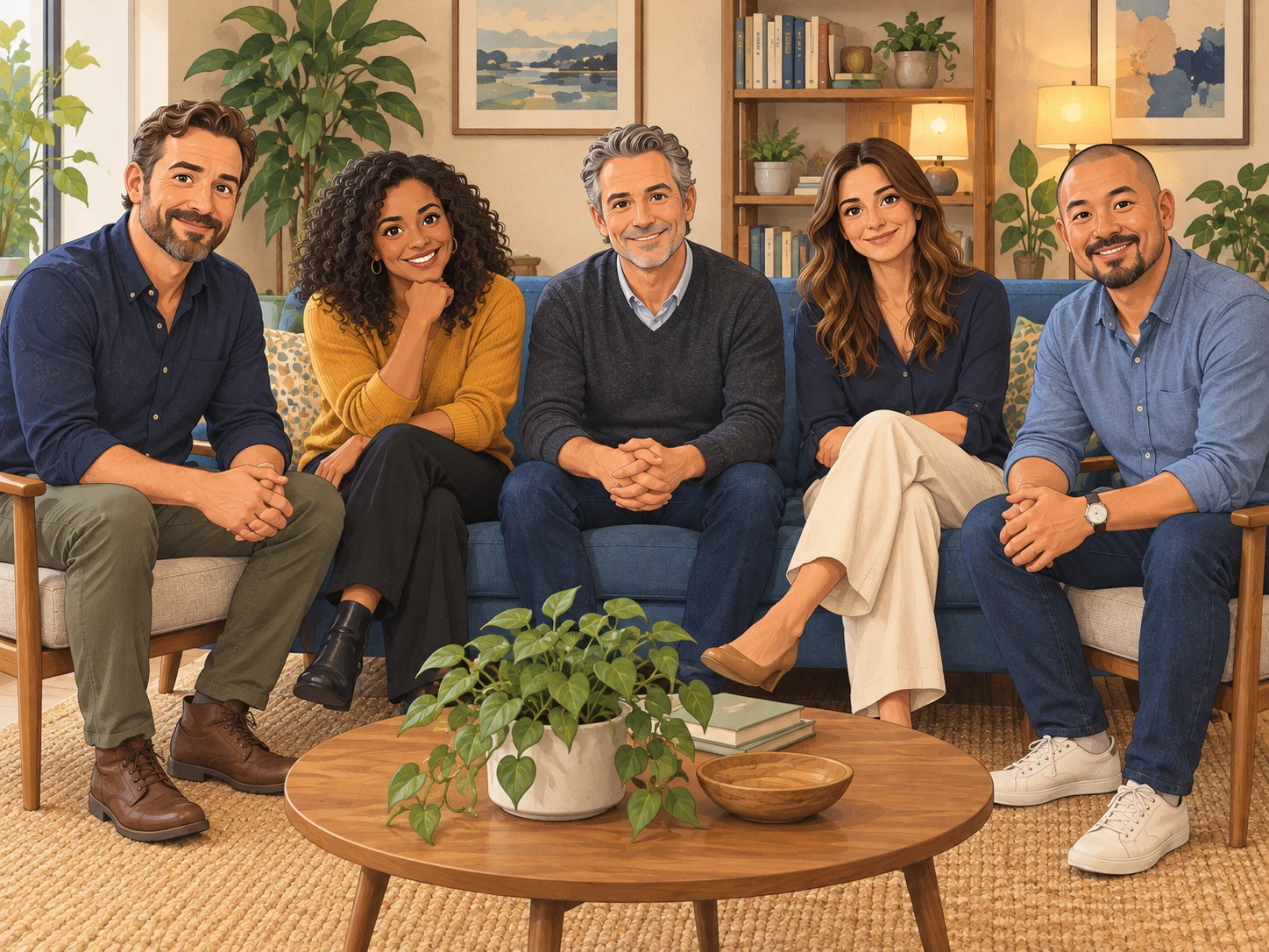 Illustration of five adults sitting together in a welcoming room.