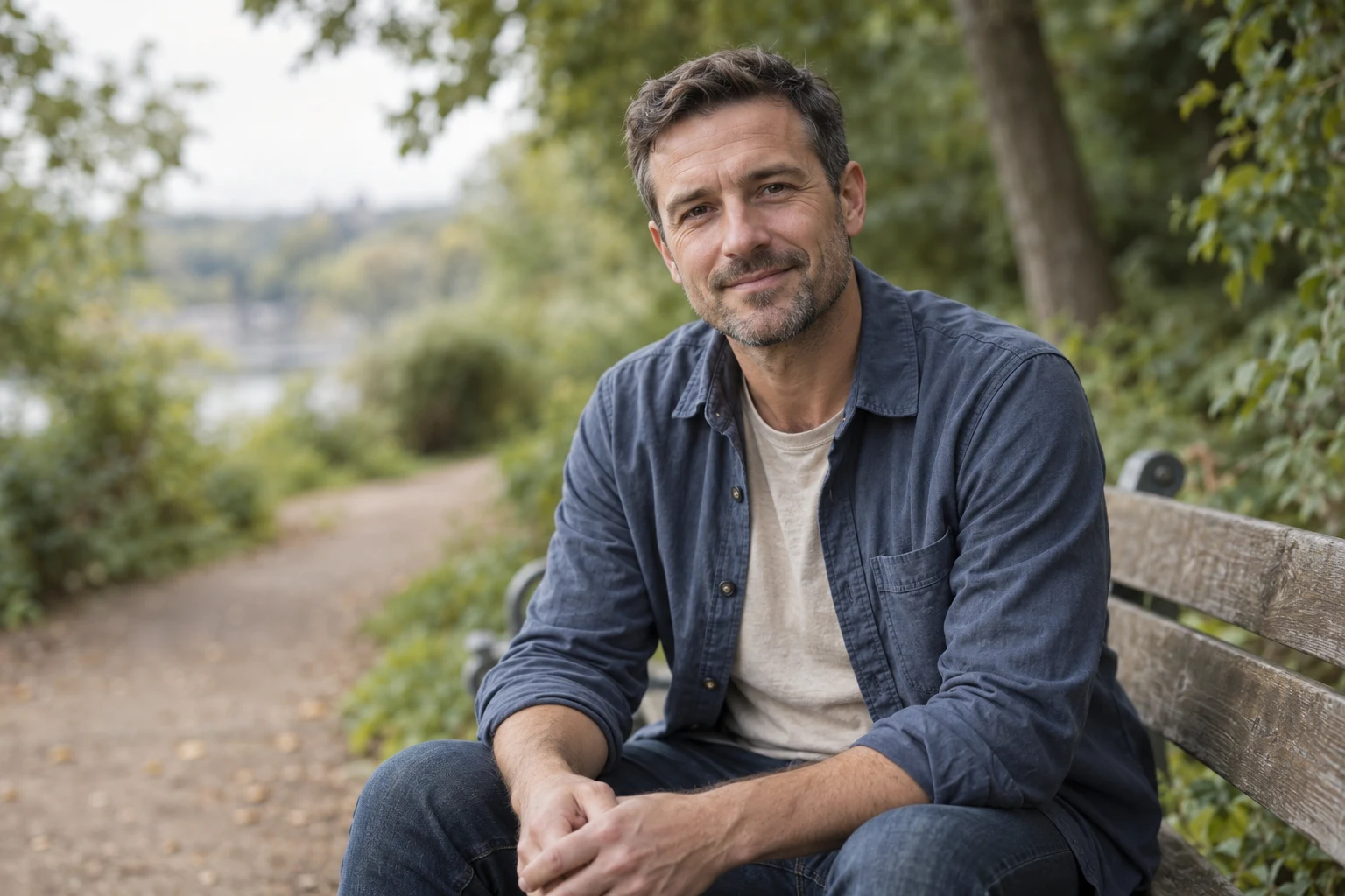 A man sitting on a park bench in soft daylight.
