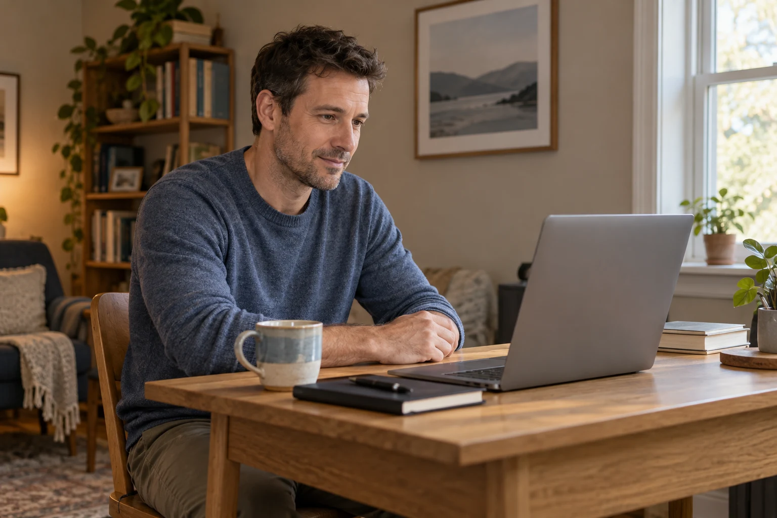 A man using a laptop in a quiet, naturally lit room at home.